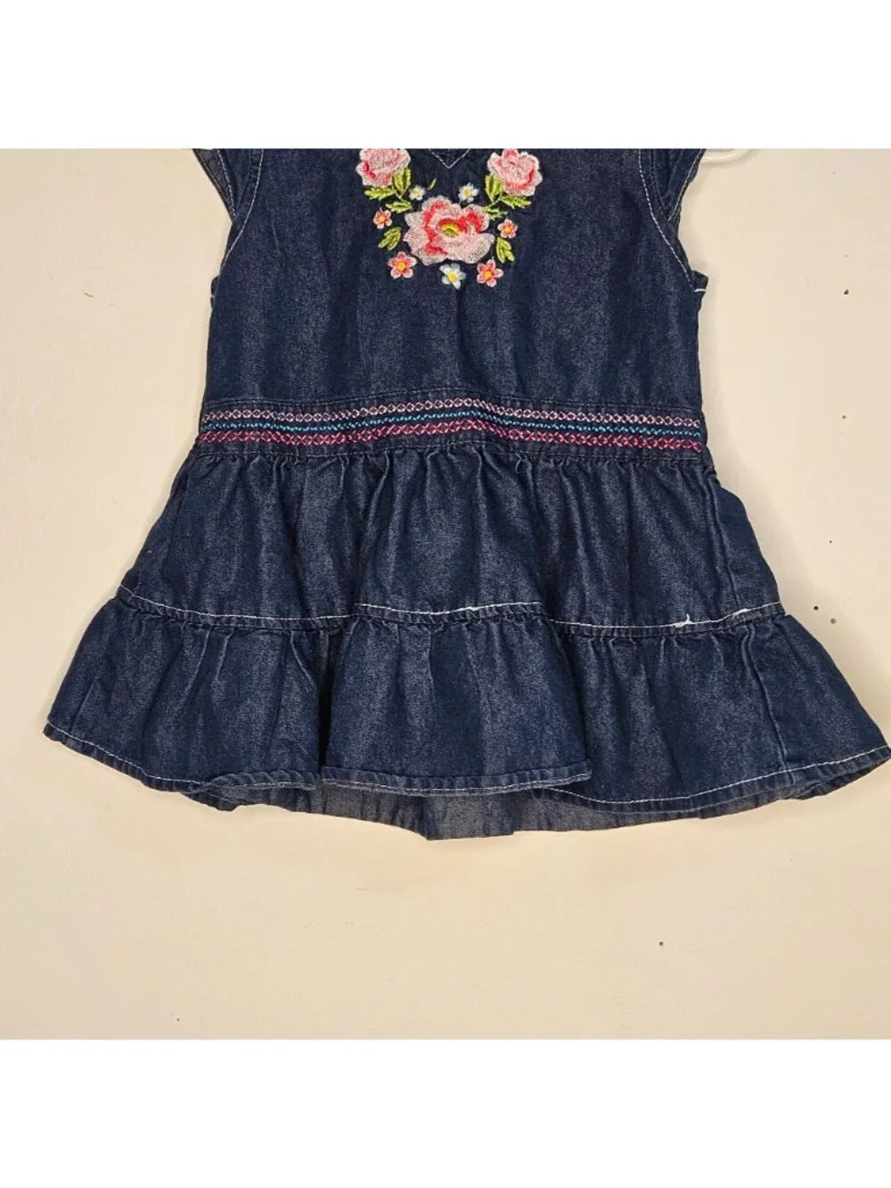 Denim Tiered Dress With Floral Embroidery & Button Closure - Toddler Girls